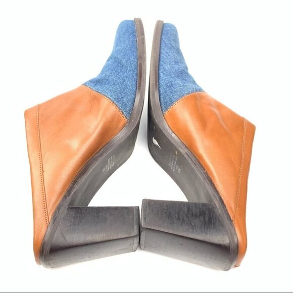 Worthington Napa heels size 8 cognac leather denim square toe mules western 90s - Picture 6 of 11